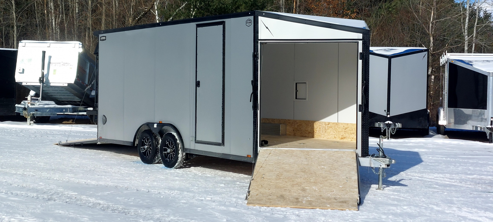 New 8 X 18 SNOWMOBILE/CAR HAULER ENCLOSED POLY COMPOSITE EXTERIOR DROP- DOWN FRONT DOOR LIGHTNING ALL ALUMINUM