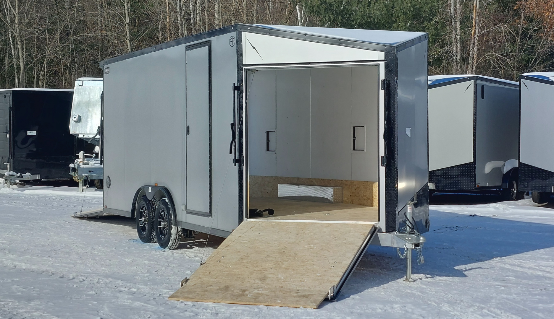 New 8 X 18 SNOWMOBILE/CAR HAULER ENCLOSED POLY COMPOSITE EXTERIOR DROP- DOWN FRONT DOOR LIGHTNING ALL ALUMINUM