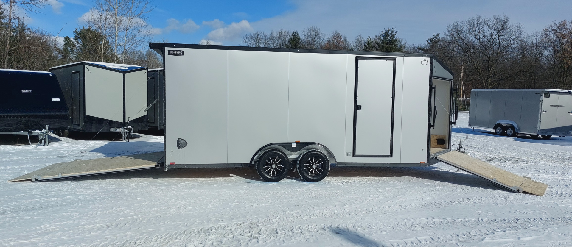 New 8 X 18 SNOWMOBILE/CAR HAULER ENCLOSED POLY COMPOSITE EXTERIOR DROP- DOWN FRONT DOOR LIGHTNING ALL ALUMINUM