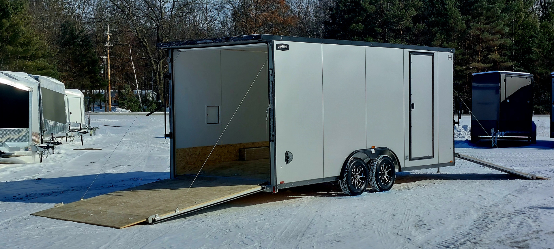New 8 X 18 SNOWMOBILE/CAR HAULER ENCLOSED POLY COMPOSITE EXTERIOR DROP- DOWN FRONT DOOR LIGHTNING ALL ALUMINUM