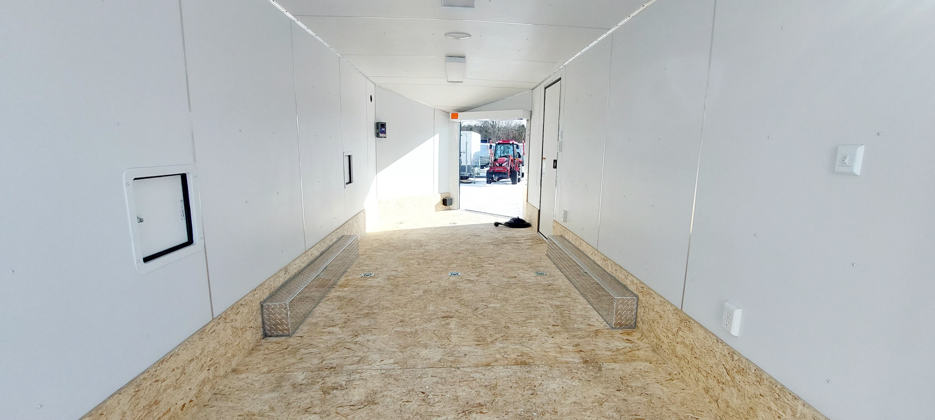 New 8 X 18 SNOWMOBILE/CAR HAULER ENCLOSED POLY COMPOSITE EXTERIOR DROP- DOWN FRONT DOOR LIGHTNING ALL ALUMINUM