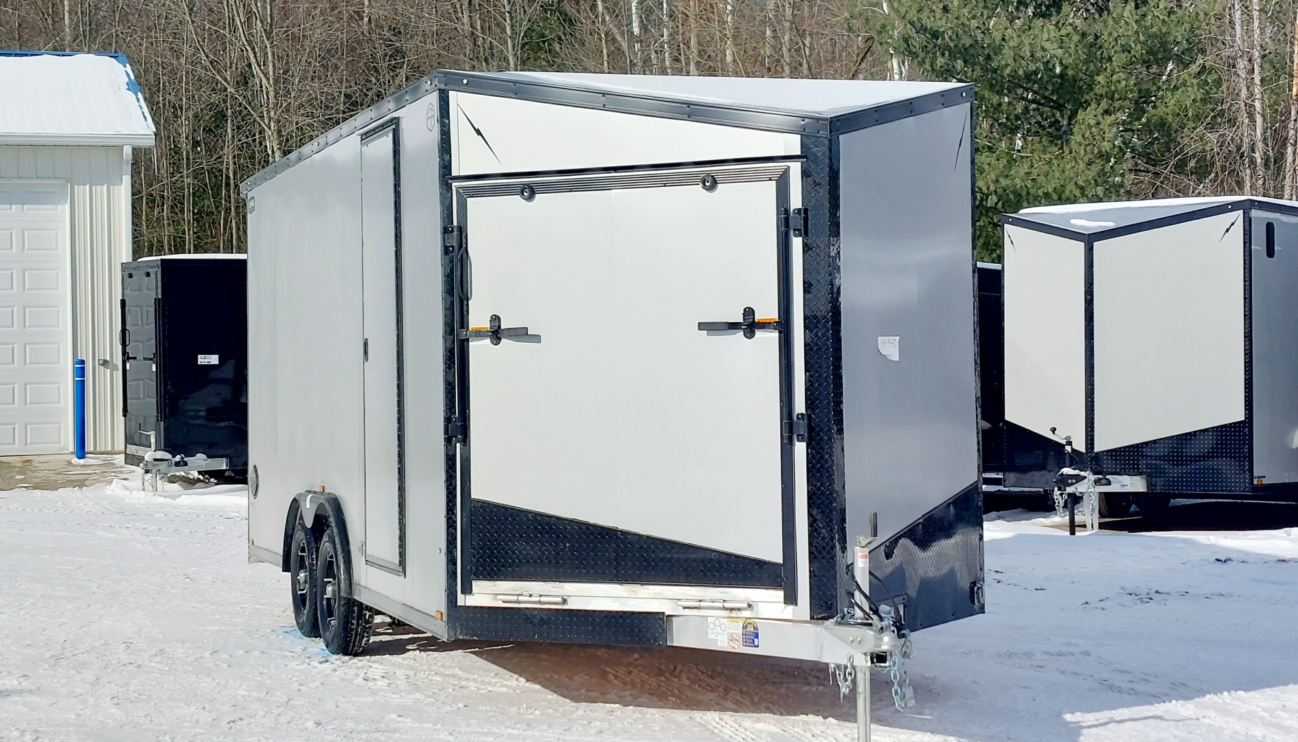 New 8 X 18 SNOWMOBILE/CAR HAULER ENCLOSED POLY COMPOSITE EXTERIOR DROP- DOWN FRONT DOOR LIGHTNING ALL ALUMINUM