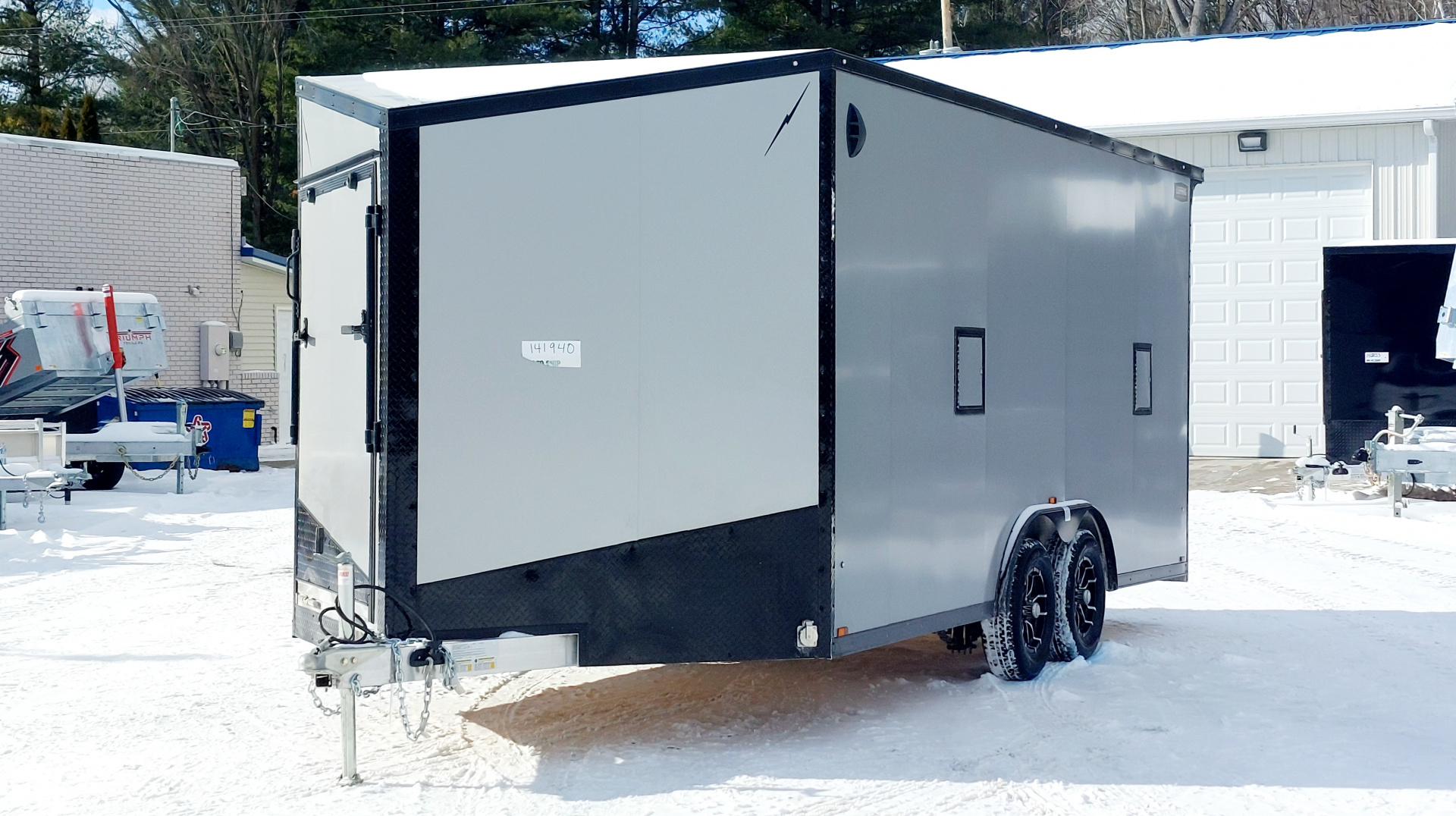 New 8 X 18 SNOWMOBILE/CAR HAULER ENCLOSED POLY COMPOSITE EXTERIOR DROP- DOWN FRONT DOOR LIGHTNING ALL ALUMINUM