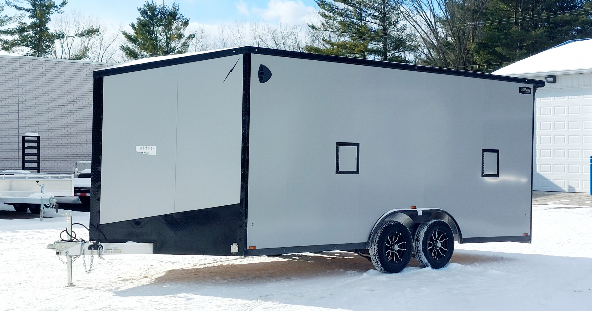 New 8 X 18 SNOWMOBILE/CAR HAULER ENCLOSED POLY COMPOSITE EXTERIOR DROP- DOWN FRONT DOOR LIGHTNING ALL ALUMINUM
