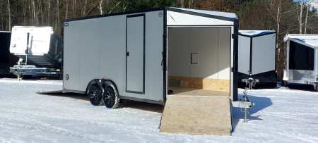 New 8 X 18 SNOWMOBILE/CAR HAULER ENCLOSED POLY COMPOSITE EXTERIOR DROP- DOWN FRONT DOOR LIGHTNING ALL ALUMINUM