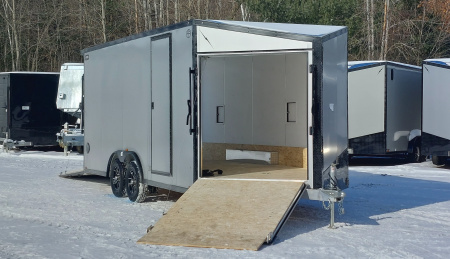 New 8 X 18 SNOWMOBILE/CAR HAULER ENCLOSED POLY COMPOSITE EXTERIOR DROP- DOWN FRONT DOOR LIGHTNING ALL ALUMINUM