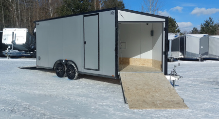 New 8 X 18 SNOWMOBILE/CAR HAULER ENCLOSED POLY COMPOSITE EXTERIOR DROP- DOWN FRONT DOOR LIGHTNING ALL ALUMINUM