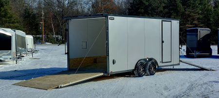 New 8 X 18 SNOWMOBILE/CAR HAULER ENCLOSED POLY COMPOSITE EXTERIOR DROP- DOWN FRONT DOOR LIGHTNING ALL ALUMINUM