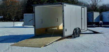 New 8 X 18 SNOWMOBILE/CAR HAULER ENCLOSED POLY COMPOSITE EXTERIOR DROP- DOWN FRONT DOOR LIGHTNING ALL ALUMINUM