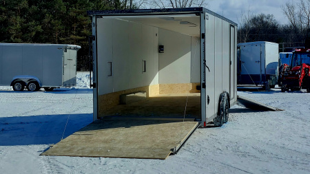 New 8 X 18 SNOWMOBILE/CAR HAULER ENCLOSED POLY COMPOSITE EXTERIOR DROP- DOWN FRONT DOOR LIGHTNING ALL ALUMINUM