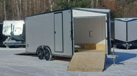 New 8 X 18 SNOWMOBILE/CAR HAULER ENCLOSED POLY COMPOSITE EXTERIOR DROP- DOWN FRONT DOOR LIGHTNING ALL ALUMINUM