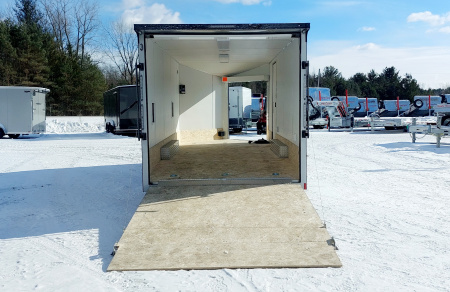 New 8 X 18 SNOWMOBILE/CAR HAULER ENCLOSED POLY COMPOSITE EXTERIOR DROP- DOWN FRONT DOOR LIGHTNING ALL ALUMINUM