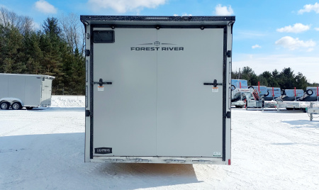 New 8 X 18 SNOWMOBILE/CAR HAULER ENCLOSED POLY COMPOSITE EXTERIOR DROP- DOWN FRONT DOOR LIGHTNING ALL ALUMINUM