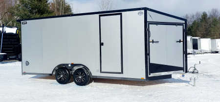 New 8 X 18 SNOWMOBILE/CAR HAULER ENCLOSED POLY COMPOSITE EXTERIOR DROP- DOWN FRONT DOOR LIGHTNING ALL ALUMINUM