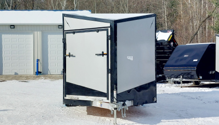 New 8 X 18 SNOWMOBILE/CAR HAULER ENCLOSED POLY COMPOSITE EXTERIOR DROP- DOWN FRONT DOOR LIGHTNING ALL ALUMINUM