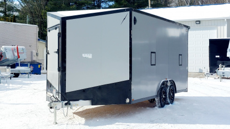 New 8 X 18 SNOWMOBILE/CAR HAULER ENCLOSED POLY COMPOSITE EXTERIOR DROP- DOWN FRONT DOOR LIGHTNING ALL ALUMINUM