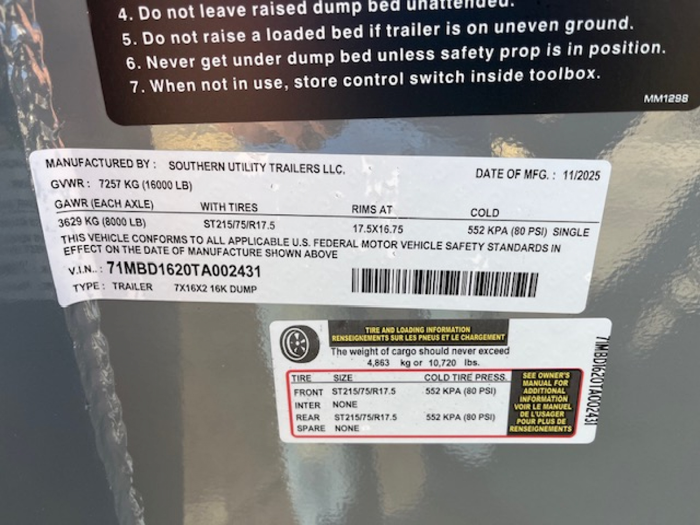 New 2026 Southern Utility 7 X 16 16K DUMP W/ 2 FOOT SIDES Dump Trailer