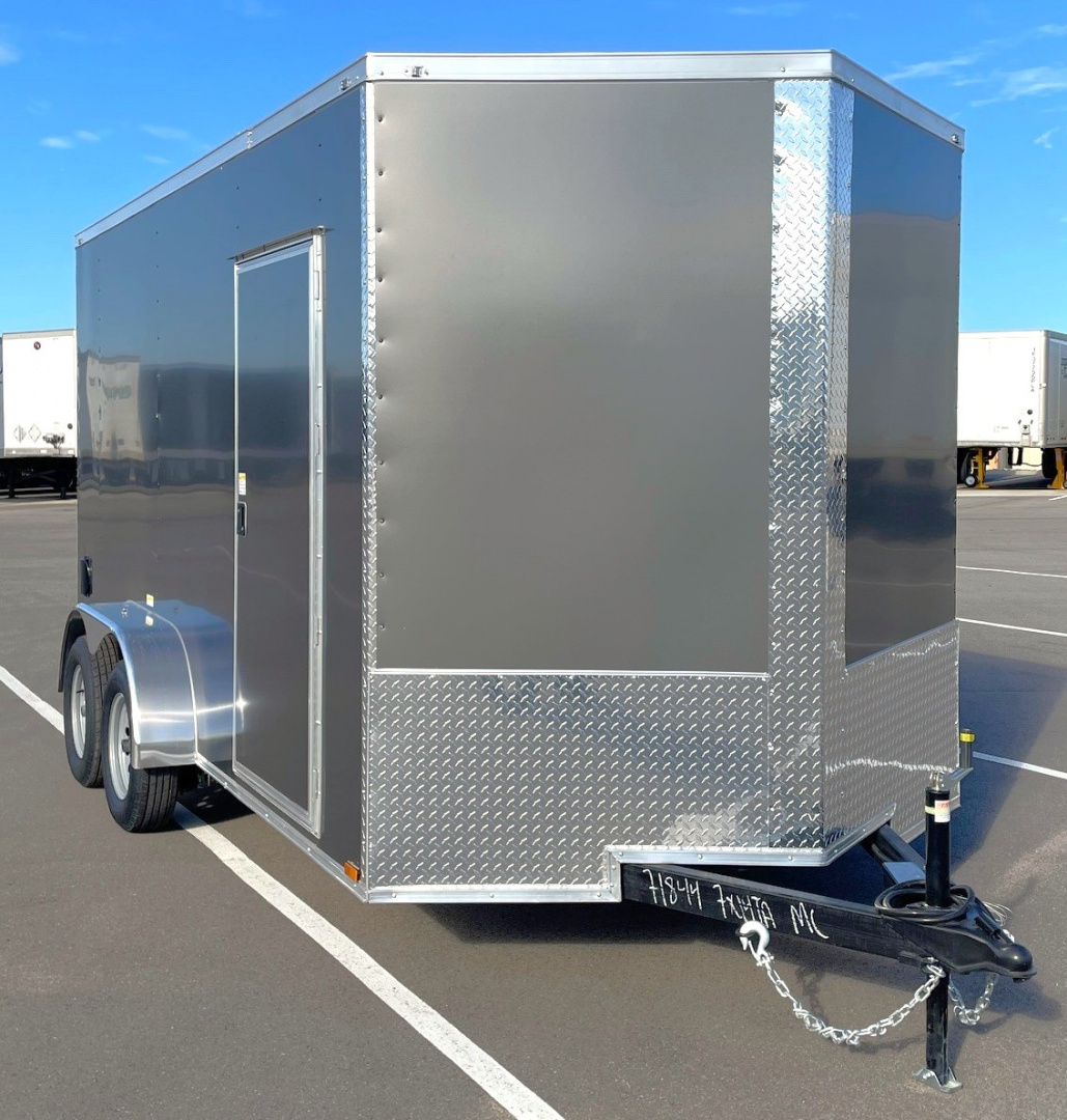 New 7x14 V-Nose Enclosed Cargo Trailer: 7000 GVWR, 7' HEIGHT, Charcoal, Ramp Door, .080 Polycore Exterior