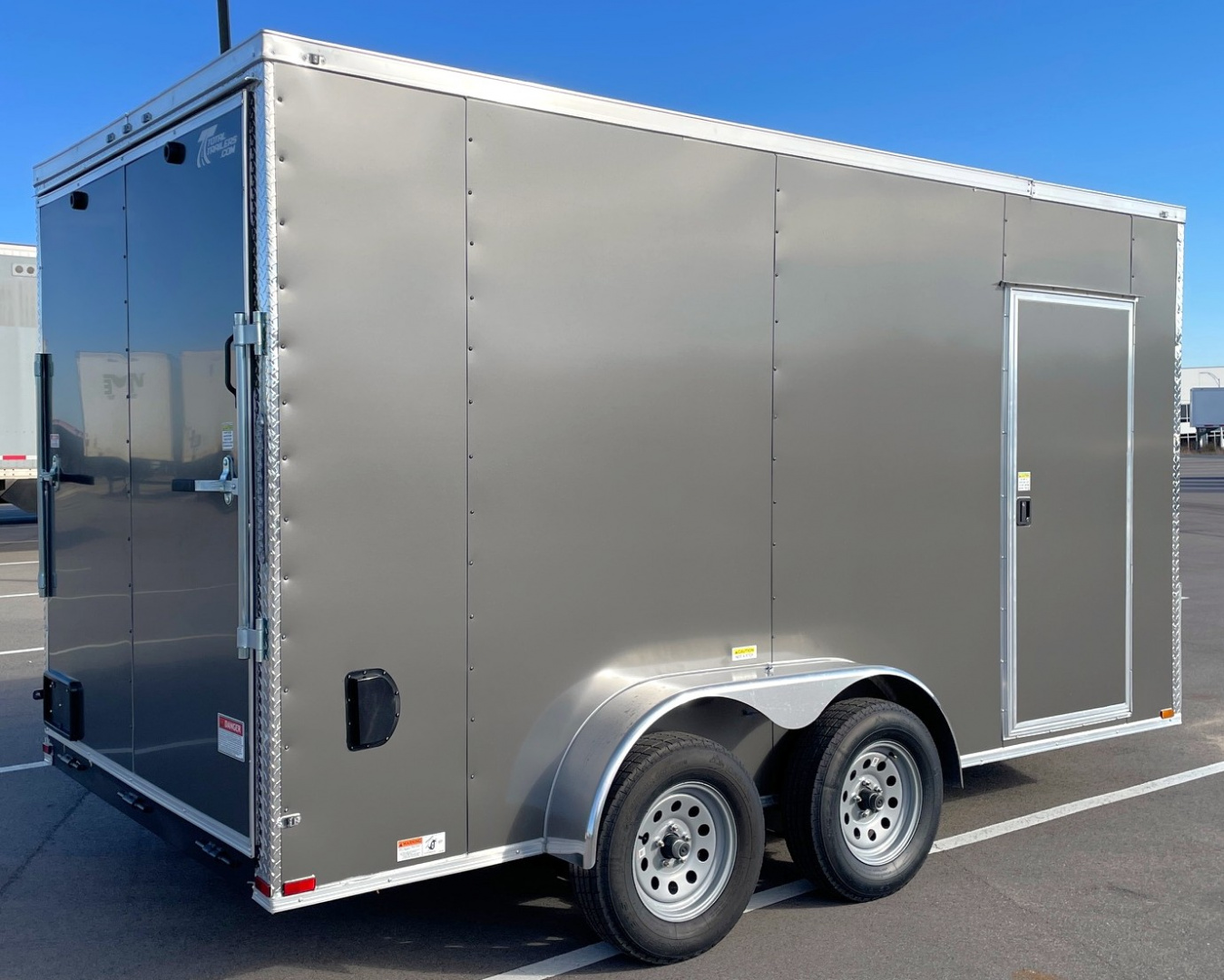 New 7x14 V-Nose Enclosed Cargo Trailer: 7000 GVWR, 7' HEIGHT, Charcoal, Ramp Door, .080 Polycore Exterior