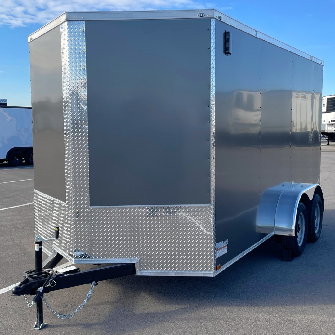 New 7x14 V-Nose Enclosed Cargo Trailer: 7000 GVWR, 7' HEIGHT, Charcoal, Ramp Door, .080 Polycore Exterior