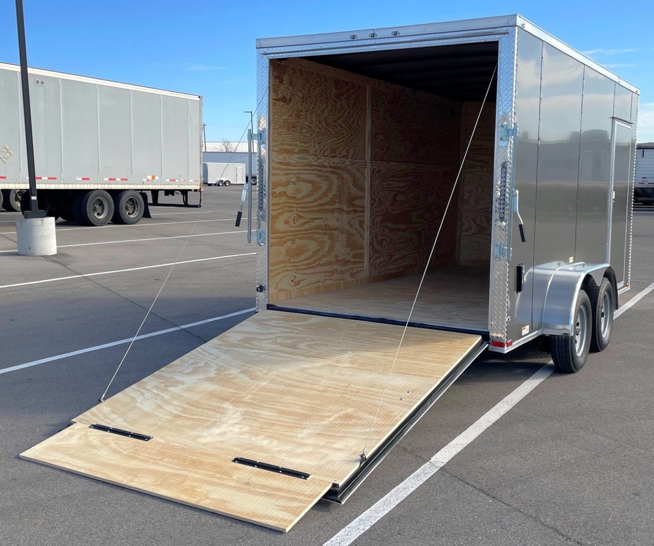 New 7x14 V-Nose Enclosed Cargo Trailer: 7000 GVWR, 7' HEIGHT, Charcoal, Ramp Door, .080 Polycore Exterior