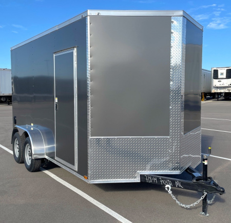New 7x14 V-Nose Enclosed Cargo Trailer: 7000 GVWR, 7' HEIGHT, Charcoal, Ramp Door, .080 Polycore Exterior