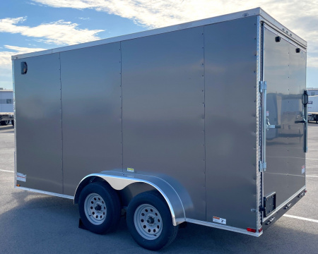 New 7x14 V-Nose Enclosed Cargo Trailer: 7000 GVWR, 7' HEIGHT, Charcoal, Ramp Door, .080 Polycore Exterior