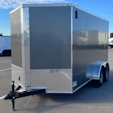 New 7x14 V-Nose Enclosed Cargo Trailer: 7000 GVWR, 7' HEIGHT, Charcoal, Ramp Door, .080 Polycore Exterior