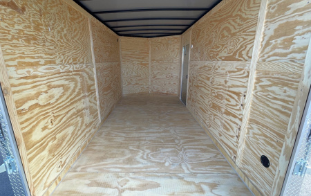 New 7x14 V-Nose Enclosed Cargo Trailer: 7000 GVWR, 7' HEIGHT, Charcoal, Ramp Door, .080 Polycore Exterior