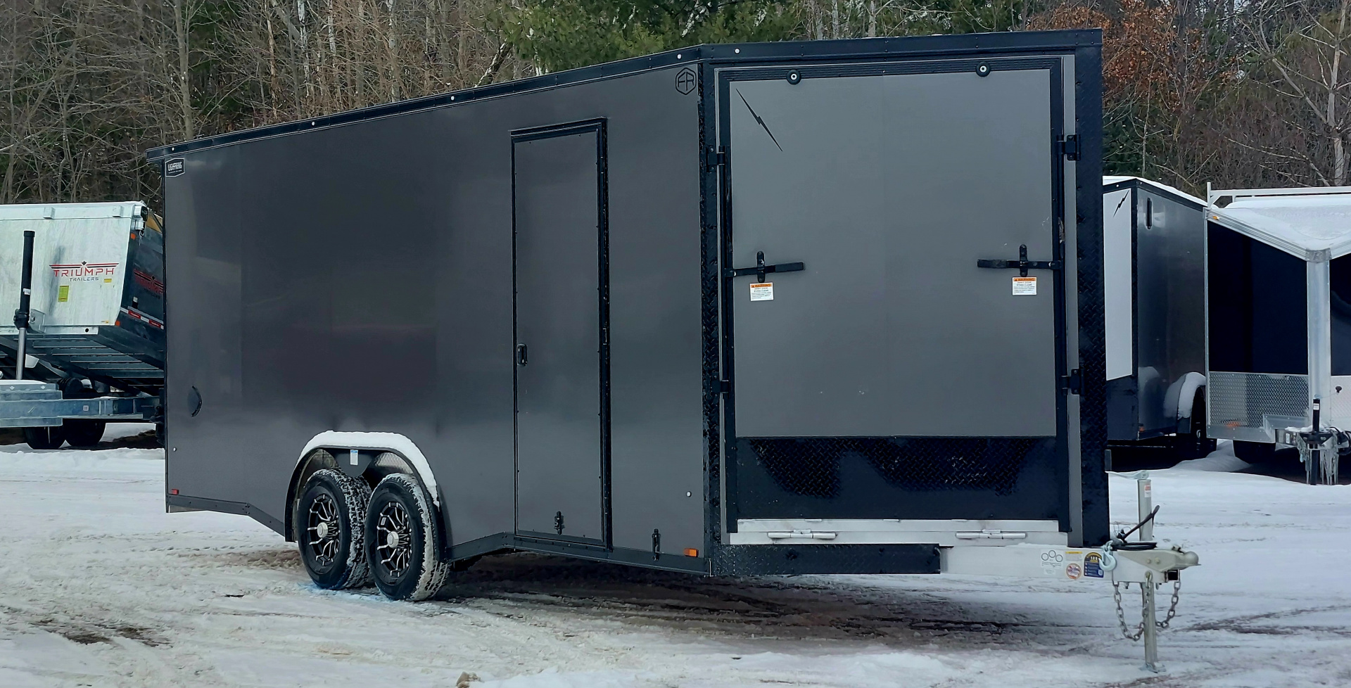 New 8 X 20 + 4' V-NOSE ENCLOSED SNOWMOBILE/CAR HAULER 5200# AXLES ALL ALUMINUM POLYCOMPOSITE EXTERIOR LIGHTNING