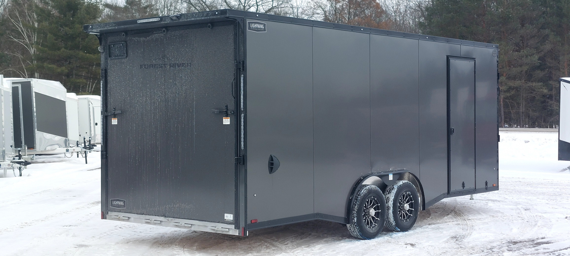 New 8 X 20 + 4' V-NOSE ENCLOSED SNOWMOBILE/CAR HAULER 5200# AXLES ALL ALUMINUM POLYCOMPOSITE EXTERIOR LIGHTNING