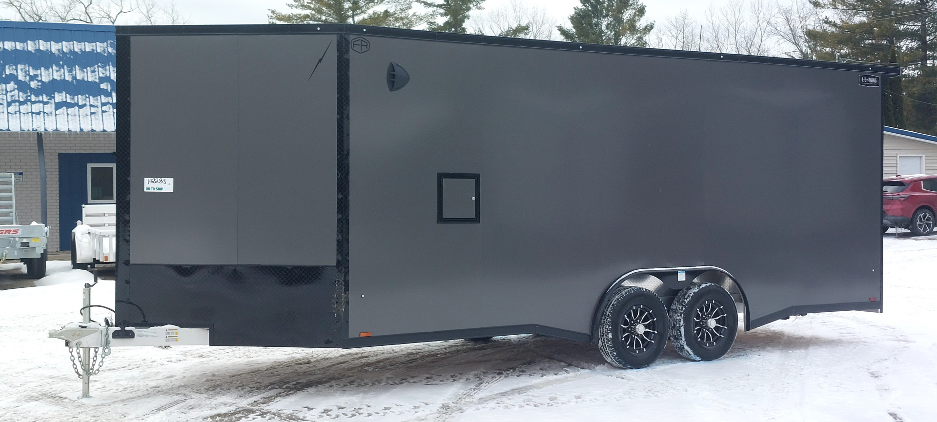 New 8 X 20 + 4' V-NOSE ENCLOSED SNOWMOBILE/CAR HAULER 5200# AXLES ALL ALUMINUM POLYCOMPOSITE EXTERIOR LIGHTNING
