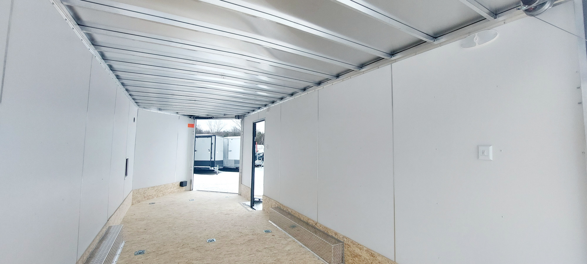 New 8 X 20 + 4' V-NOSE ENCLOSED SNOWMOBILE/CAR HAULER 5200# AXLES ALL ALUMINUM POLYCOMPOSITE EXTERIOR LIGHTNING