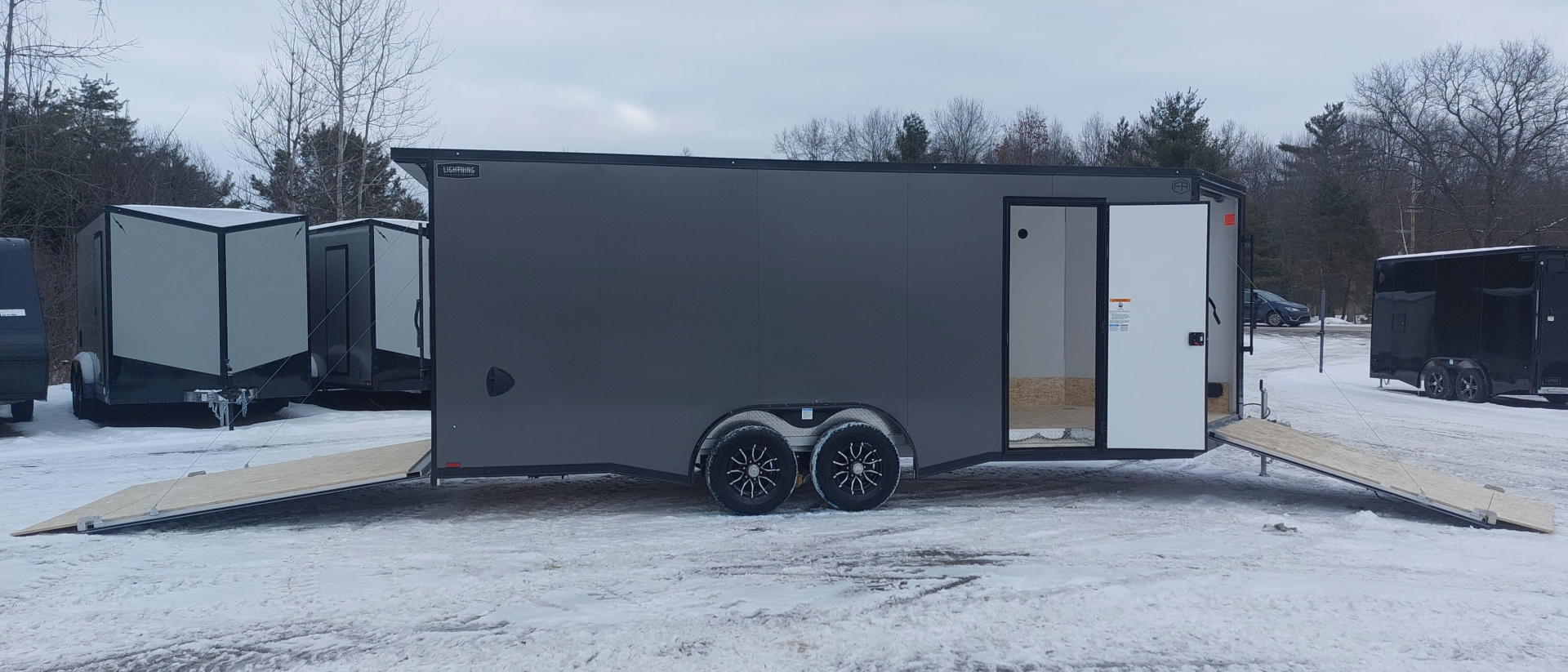 New 8 X 20 + 4' V-NOSE ENCLOSED SNOWMOBILE/CAR HAULER 5200# AXLES ALL ALUMINUM POLYCOMPOSITE EXTERIOR LIGHTNING