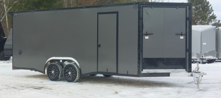 New 8 X 20 + 4' V-NOSE ENCLOSED SNOWMOBILE/CAR HAULER 5200# AXLES ALL ALUMINUM POLYCOMPOSITE EXTERIOR LIGHTNING