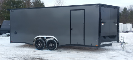 New 8 X 20 + 4' V-NOSE ENCLOSED SNOWMOBILE/CAR HAULER 5200# AXLES ALL ALUMINUM POLYCOMPOSITE EXTERIOR LIGHTNING