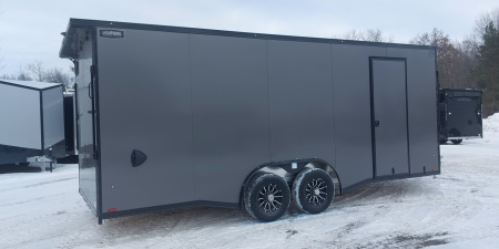 New 8 X 20 + 4' V-NOSE ENCLOSED SNOWMOBILE/CAR HAULER 5200# AXLES ALL ALUMINUM POLYCOMPOSITE EXTERIOR LIGHTNING