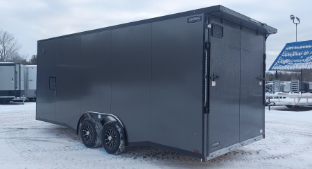 New 8 X 20 + 4' V-NOSE ENCLOSED SNOWMOBILE/CAR HAULER 5200# AXLES ALL ALUMINUM POLYCOMPOSITE EXTERIOR LIGHTNING