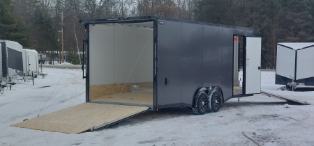 New 8 X 20 + 4' V-NOSE ENCLOSED SNOWMOBILE/CAR HAULER 5200# AXLES ALL ALUMINUM POLYCOMPOSITE EXTERIOR LIGHTNING