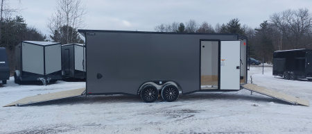 New 8 X 20 + 4' V-NOSE ENCLOSED SNOWMOBILE/CAR HAULER 5200# AXLES ALL ALUMINUM POLYCOMPOSITE EXTERIOR LIGHTNING