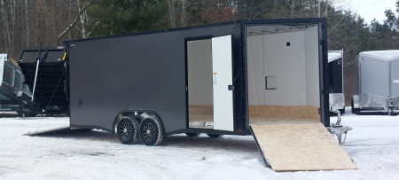 New 8 X 20 + 4' V-NOSE ENCLOSED SNOWMOBILE/CAR HAULER 5200# AXLES ALL ALUMINUM POLYCOMPOSITE EXTERIOR LIGHTNING