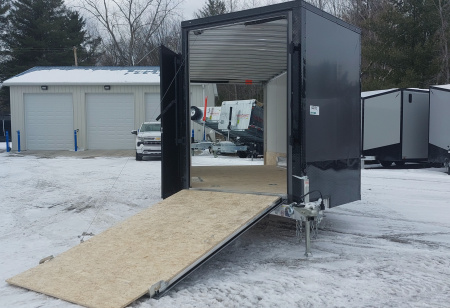 New 8 X 20 + 4' V-NOSE ENCLOSED SNOWMOBILE/CAR HAULER 5200# AXLES ALL ALUMINUM POLYCOMPOSITE EXTERIOR LIGHTNING