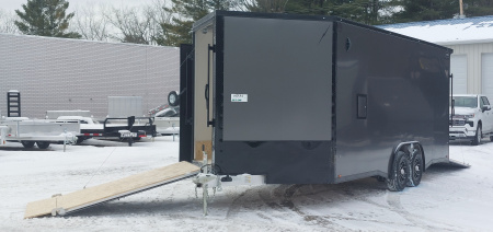 New 8 X 20 + 4' V-NOSE ENCLOSED SNOWMOBILE/CAR HAULER 5200# AXLES ALL ALUMINUM POLYCOMPOSITE EXTERIOR LIGHTNING