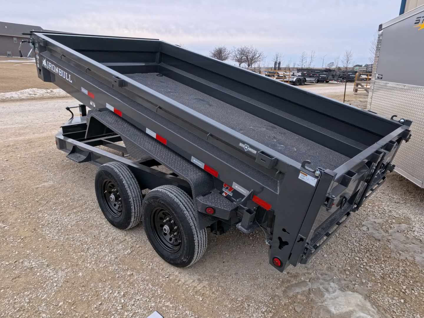 New 2026 Iron Bull 83 x 14 DWB Dump Trailer, 14,999lb. GVWR, Aluminum Ramps, Grey