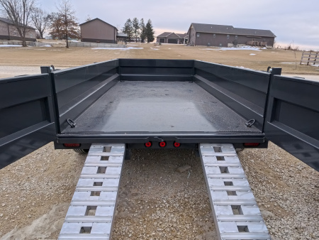 New 2026 Iron Bull 83 x 14 DWB Dump Trailer, 14,999lb. GVWR, Aluminum Ramps, Grey