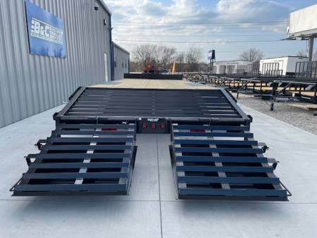 New 2026 TOP HAT 102X24 DECKOVER BUMPER PULL EQUIPMENT TRAILER, 4' DOVETAIL, (2)7000lb TANDEM AXLES, 14,000lb. GVWR, FOLD UP RAMPS