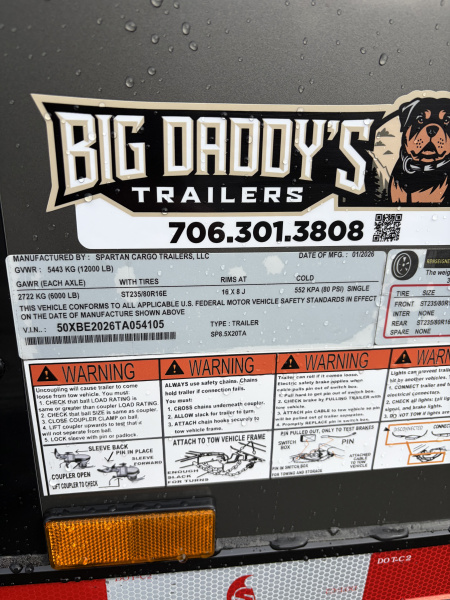 New 2026 Spartan 8.5x20 Enclosed Trailer, 7' 6" Interior Height, Race Spoiler, Polycor, Torsion 12K GVWR, "PRO- SERIES