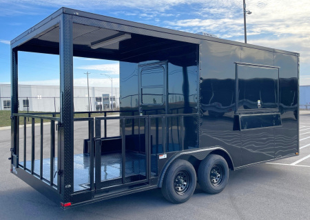 New 20' Blackout CONCESSION BBQ Porch Trailer: AC, Porch, 50 Amp, Sink