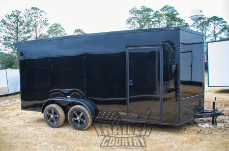 New 2026 NEW 7 x 16 V-Nosed Enclosed Motorcycle Cargo Trailer w/BLACKOUT PACKAGE And Spoiler