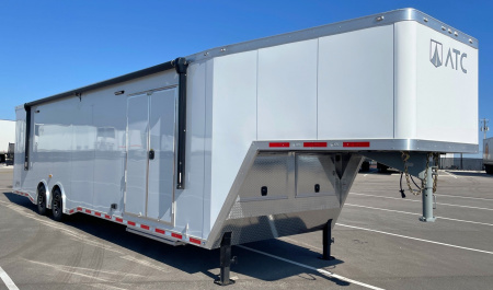 New ATC 40' Gooseneck ROM 700 Aluminum Car Hauler Trailer: Escape Door, Awning, Insulations, AC